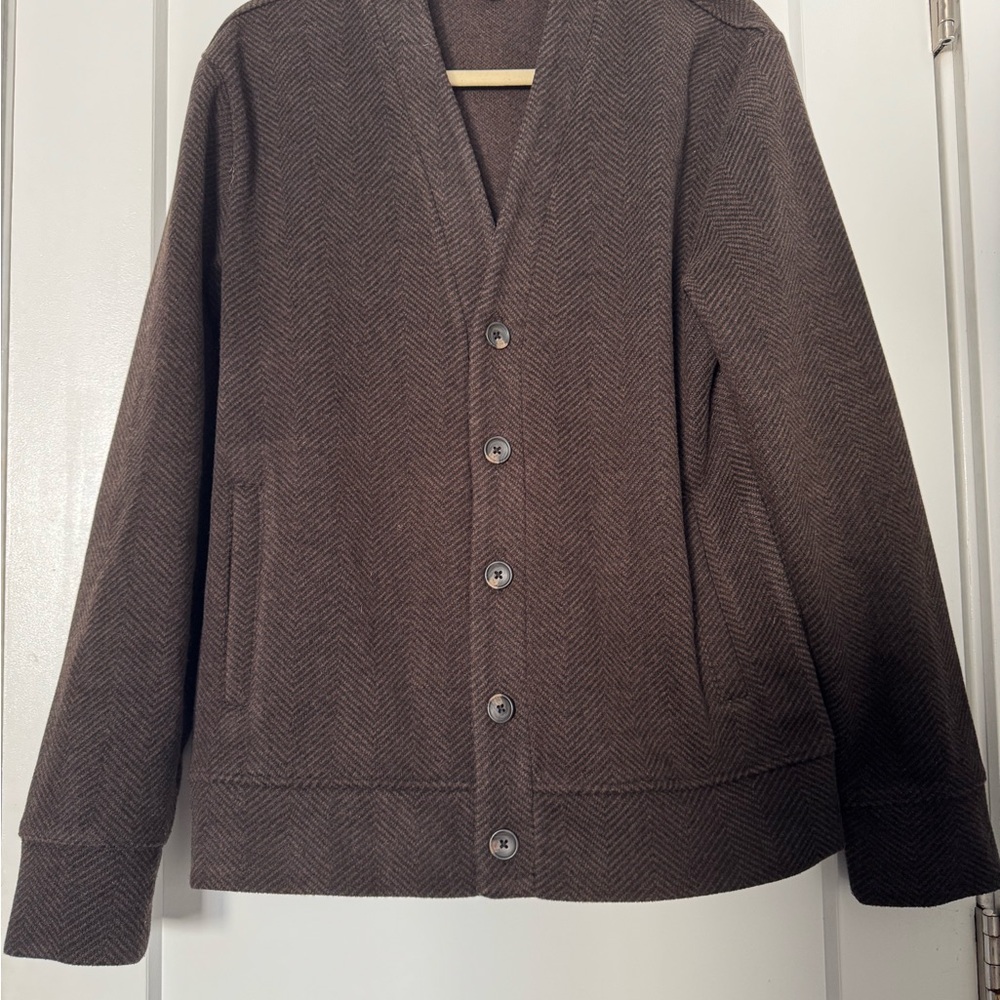 Brown Herringbone Button-Up Cardigan